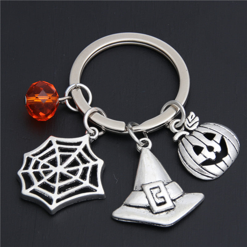 Women Keychain Alloy Keyring With Halloween Pumpkin Charm Wizard Broom Charm And Teeth Charms Trendy Key Chain