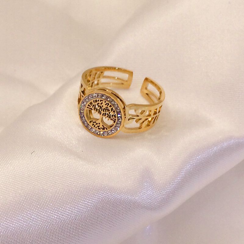 Gold Titanium Steel Lucky Tree Diamond Studded Hollow Ring Adjustable Opening Leaves Design Elegant Timeless Jewelry