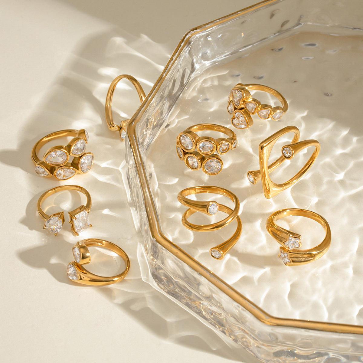 Unisex 18K Gold Plated Stainless Steel Ring With Zircon Open End Geometric Line Design Electroplated Jewelry XL