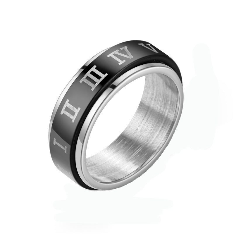 Unisex Titanium Steel Ring Vintage Turnable Roman Numeral Design Electroplated Black Fashion Jewelry Band Everyday Wear