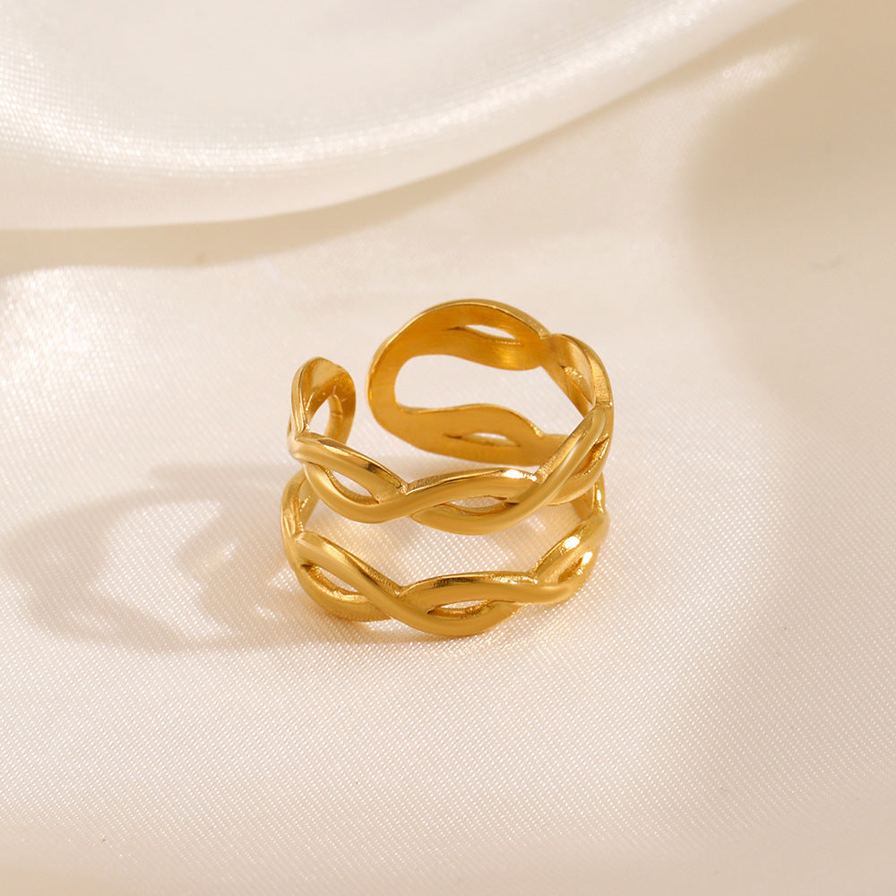 Womens Stainless Steel Cross Ring Double Layer Geometric Lines Adjustable Opening Fashion Jewelry European Style