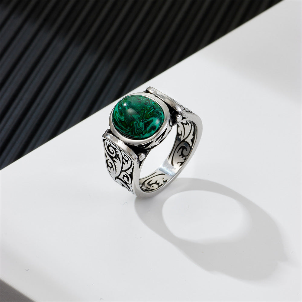 Men's Titanium Steel Ring With Natural Stone Inlay Vintage Irregular Drop Shaped Band for Him Everyday Classic