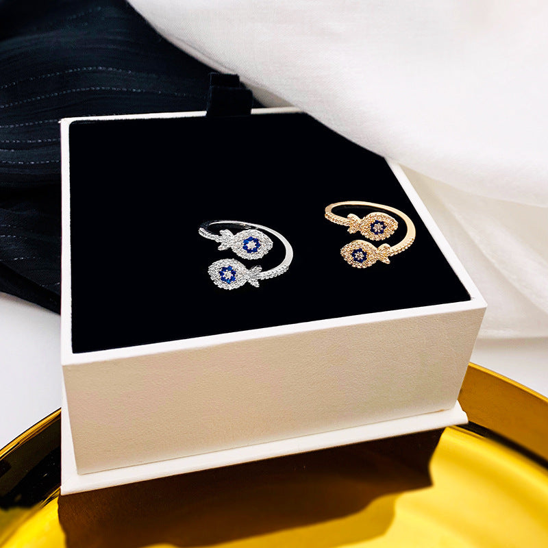 Womens Adjustable Fish Ring Micro Diamond Copper Jewelry