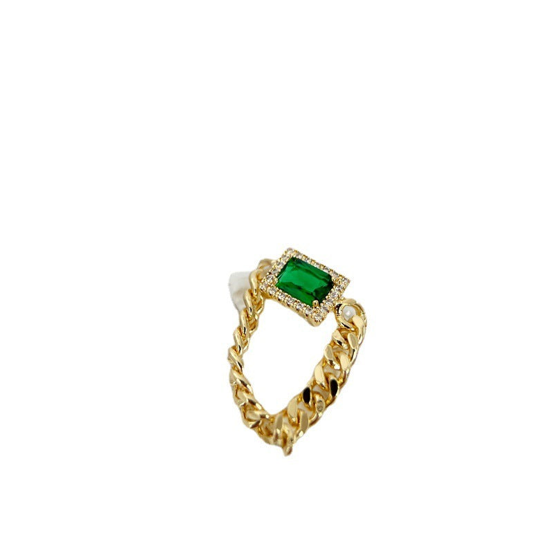 Retro Niche Fashion Diamond Studded Brass Gilded Rings Green Gemstone Unisex Adjustable Open End Ring Wide Fit
