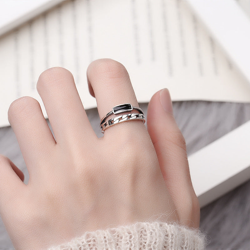 Sterling Silver Ring Distressed Chain Hollow Stitching Epoxy Korean Geometric Design Fashion Jewelry Ring for Women or