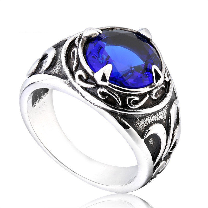 Mens Vintage Stainless Steel Ring With Sapphires Inlay Carved Bands Classic Everydays Wearable Fashion Jewelry
