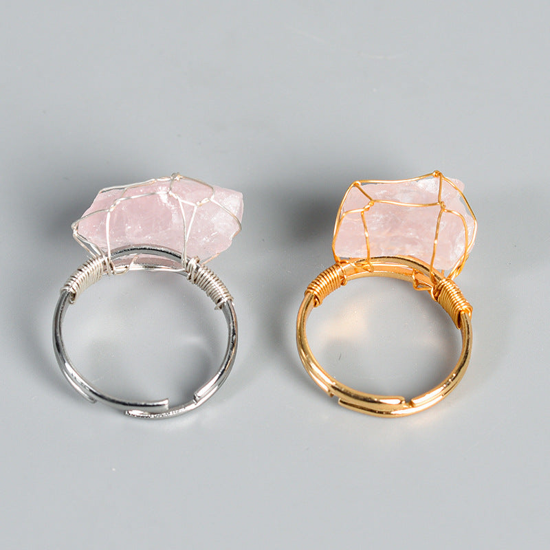 Adjustable Crystal Ring With Geometric Design In Gold And Silver Oval Elements Featuring Amethyst Citrine Pink Crystal