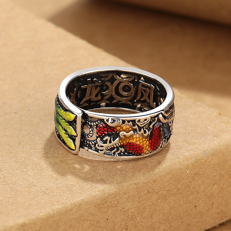Ethnic Dragon And Phoenix Ring For Women Open Adjustable Copper Jewelry Prosperity Design Vintage Style Unique