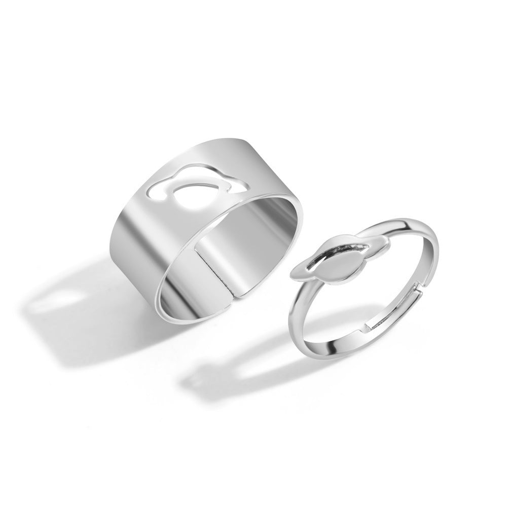 Adjustable Opening Alloy Ring Set Creative Design Punk Style Korean Rings Unique Spaceship Two Pieces Jewelry Collection