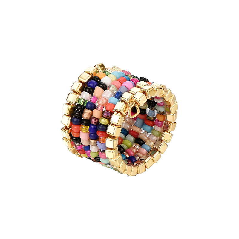 Womens Layered Ring With Colorful Rice Beaded Geometric Plastic Resin Durable Fashion Finger Jewelry Accessory
