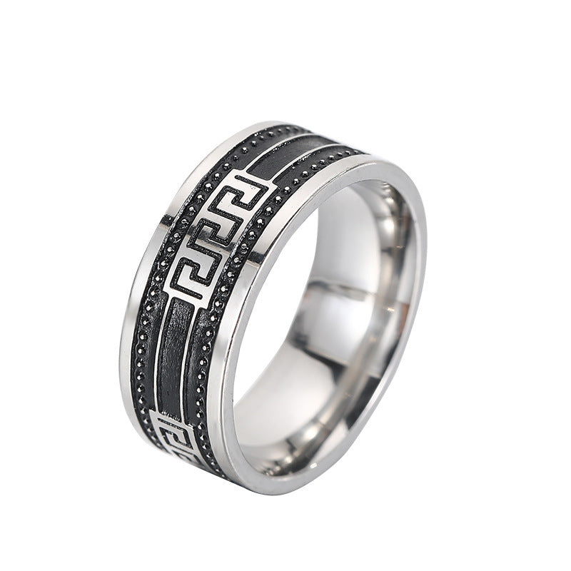 Mens Stainless Steel Ring Geometric Auspicious Patterns Retro Design Durable Daily Wear Party Jewelry Statement