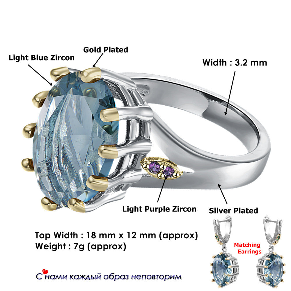 Two Tone Electroplated Zircon Ring With Geometric Design Blue European Style Jewelry For Women Modern Look Now