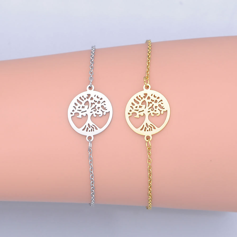 Tree of Life Pendant Bracelet Titanium Steel Electroplated Geometric Hollow Charm on a Delicate Chain for Women