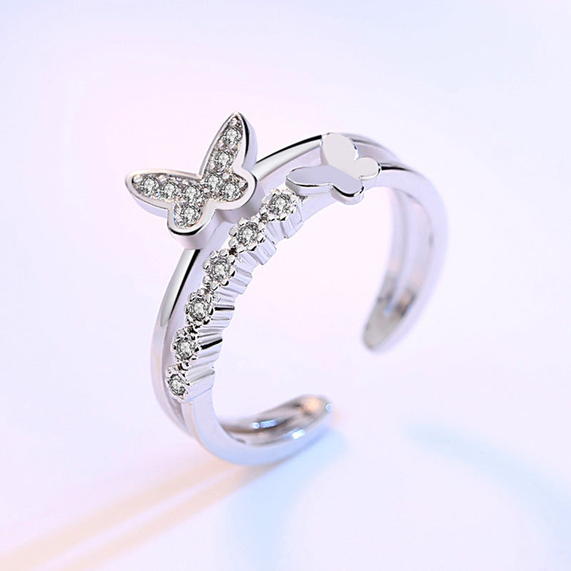 Heart Shaped Butterfly Zircon Ring With White Diamond Accents Tail Ring Design Electroplated Metal Alloy Style