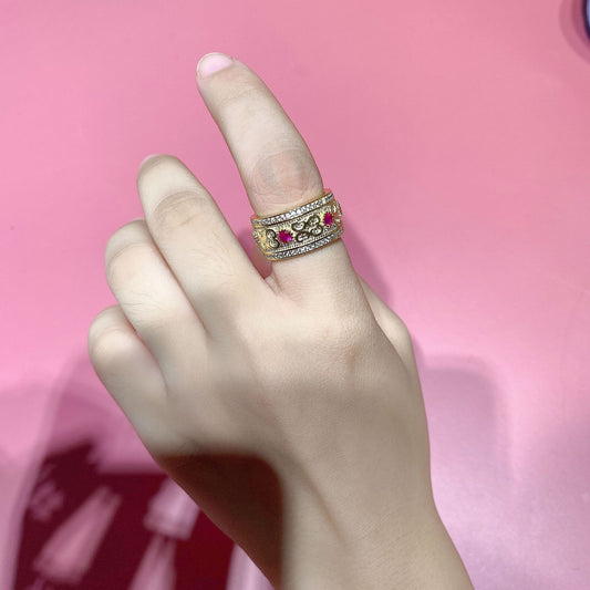 Womens Copper Ring With Gold Plated Inlay Artificial Diamond And Ruby Geometric Travel Souvenir Gift European Ring