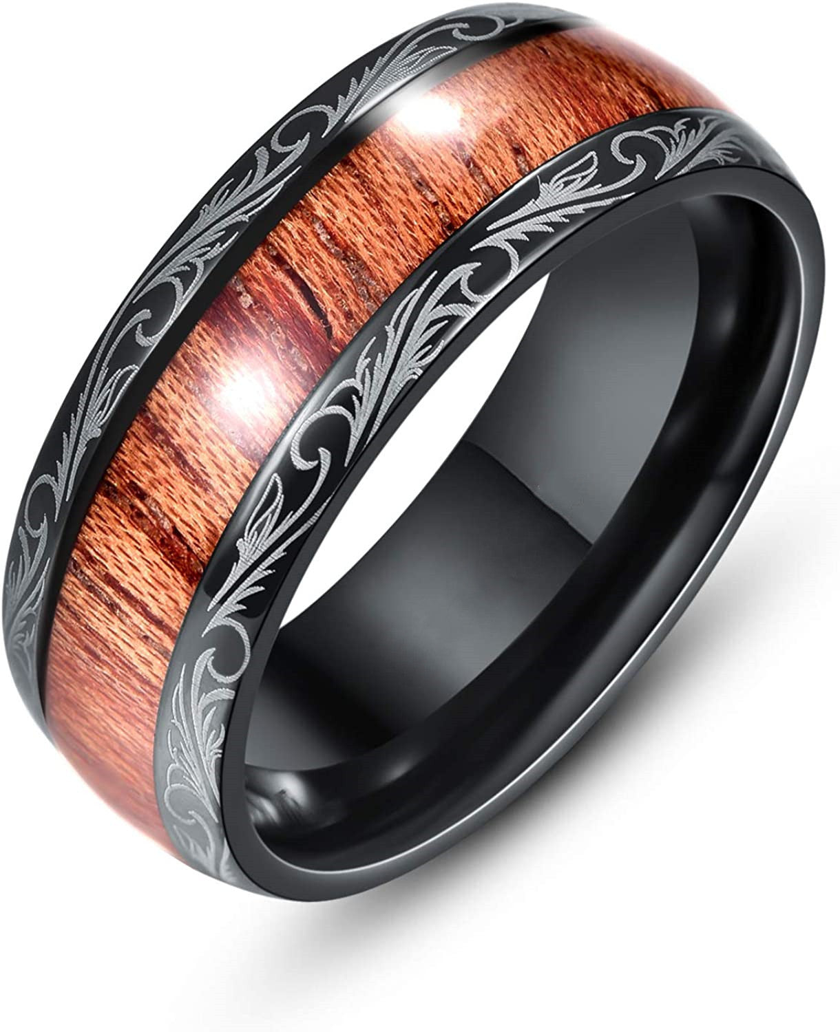 Mens Stainless Steel Ring Black Wood Grain Inlay Band Durable Fashionable For Daily Wear Stylish Ring Everyday
