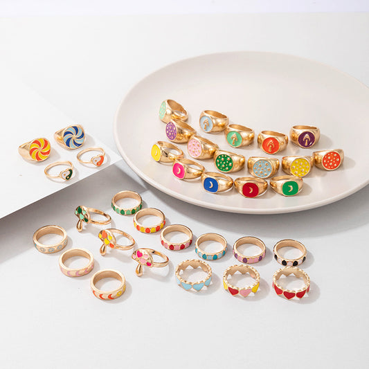 Bohemian Cartoon Ring Dripping Oil Alloy Heart Shaped Ring With Floral Daisy Or And Rainbow Elements For Women