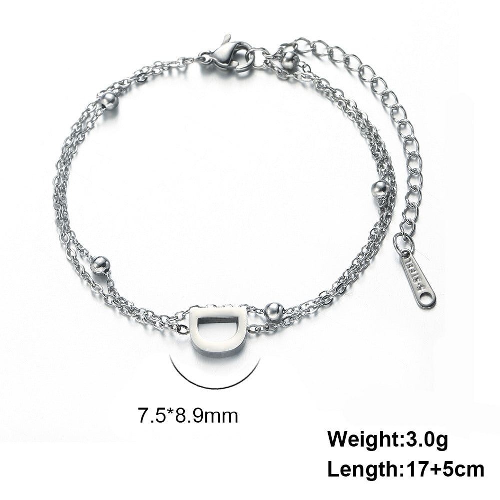 Womens Stainless Steel Double Layer Chain Bracelet With Initial Pendant Electroplated Finish Jewelry Gift Gold