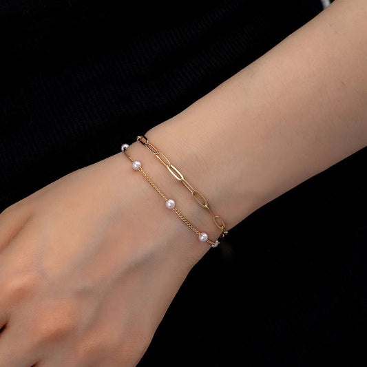 Womens Imitation Pearl Double Layer Bracelet Set Gold Silver