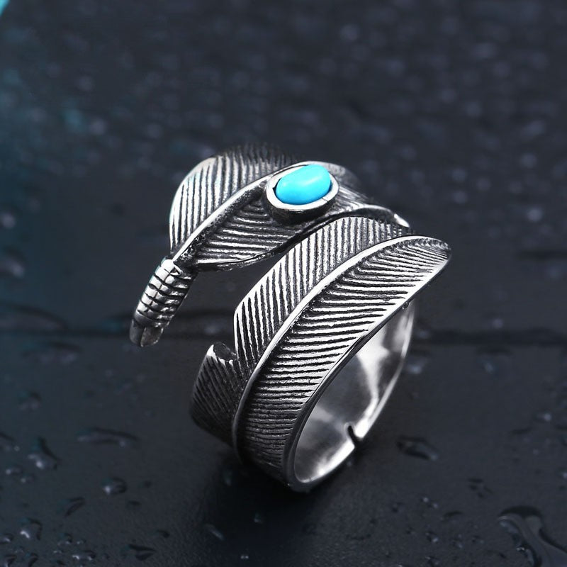 Unisex Titanium Steel Ring With Turquoise Inlaid Gemstone High Bridge Design Gold Plated Fashion Jewelry Everyday Wear