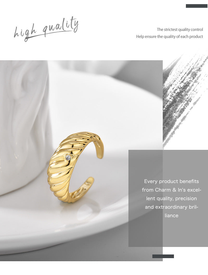 Croissant Ring Adjustable Gold Copper Zircon Embellished Geometrical Fashion Jewelry For Daily Wear Party Gift
