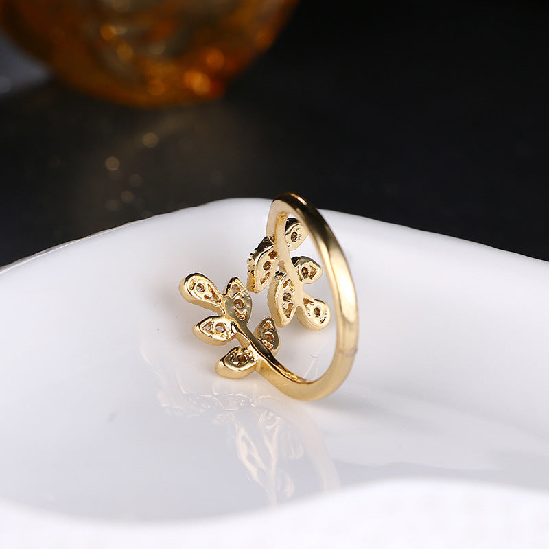 Leaf Shaped Adjustable Ring With Diamond Accent 18K Gold Plated Copper Elegant Jewelry For Her Everyday Style