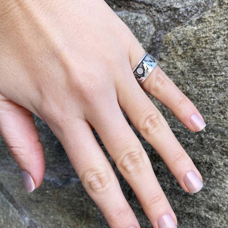 Women Nature Inspired Landscape Forest Mountains Ring Alloy Electroplated Silver Geometric Fashion Ring Jewelry