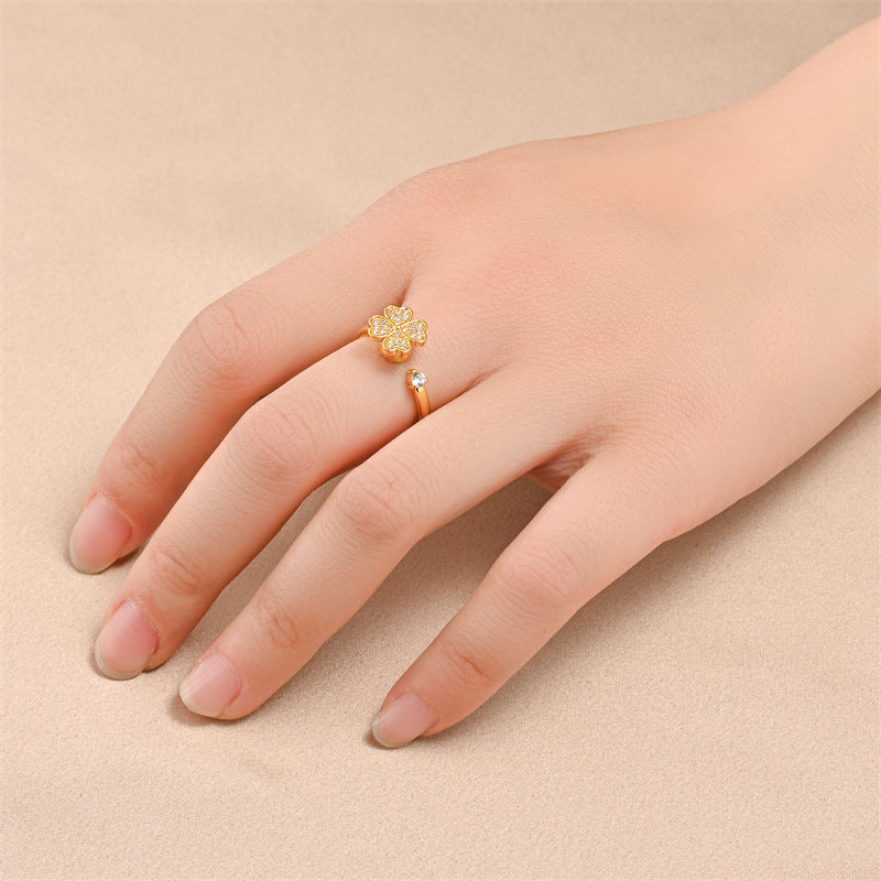 Rotating Clover Ring for Women Four Leaf Gold Silver Tone