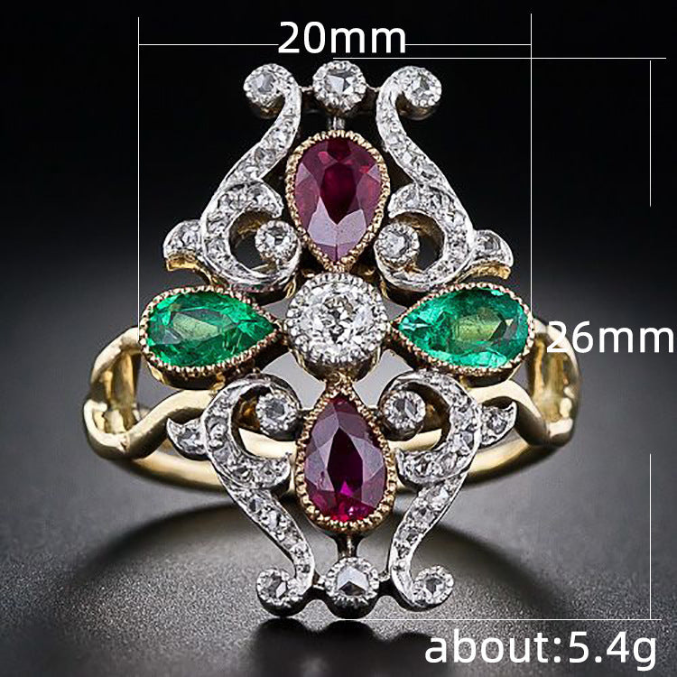 Women Fashion Ring Two Tone Gold Crown Design With Green And Red Zircon Alloy Jewelry European Inspired Jewels