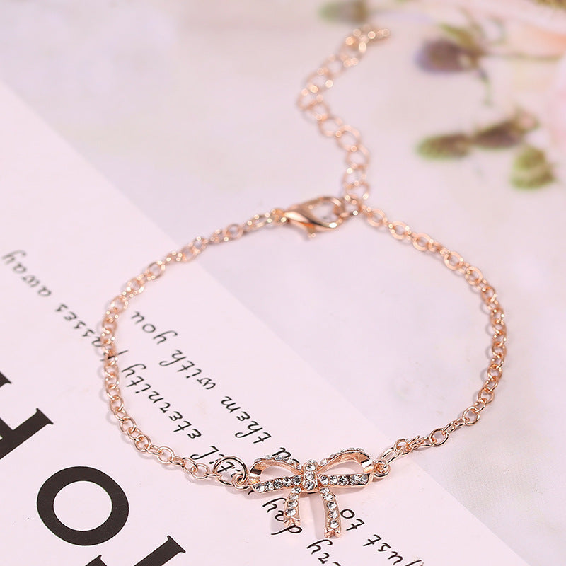 Womens Elegant Rhinestone Bow Bracelet Rose Gold Finish Alloy Hand Jewelry Rhinestone Bracelet For Women And Girls