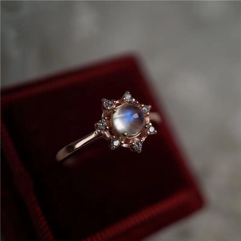 Womens Electroplated Copper Ring Moonstone Snowflake Design Sterling Silver Plated Fashion Ring Jewelry For Everyday Wear
