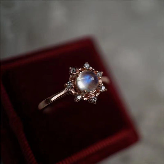 Womens Electroplated Copper Ring Moonstone Snowflake Design Sterling Silver Plated Fashion Ring Jewelry For Everyday Wear