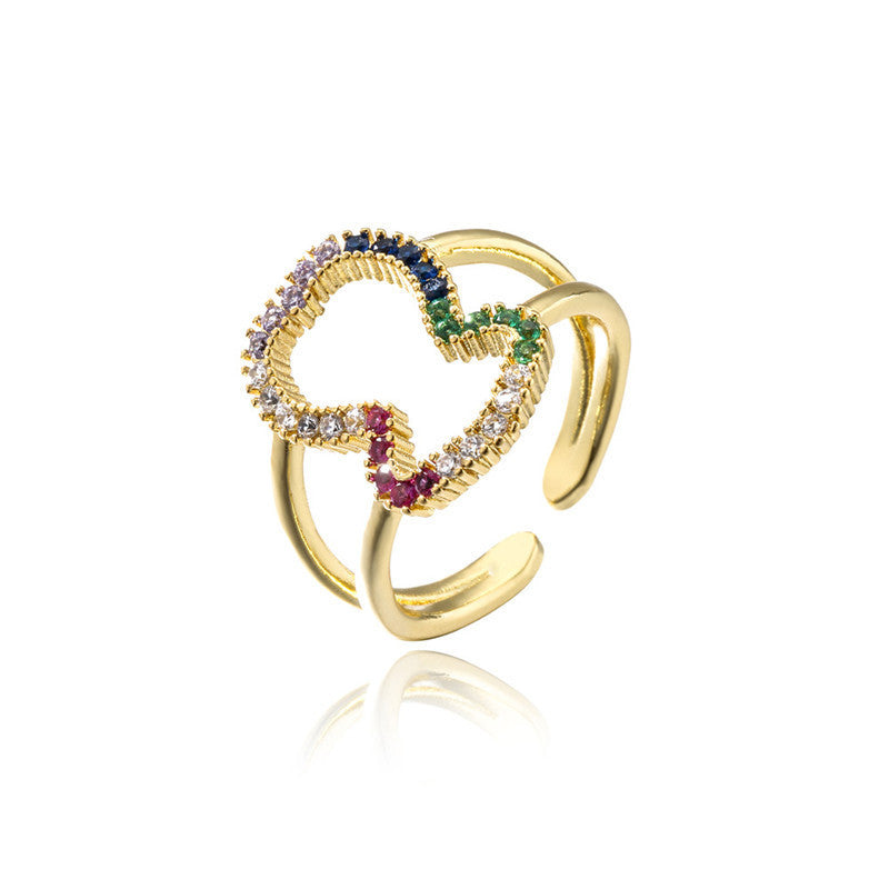 Womens Cute Personality Hollow Bear Ring Copper Geometric Inlay Zircon Adjustable Opening Size 10622 Gift Idea