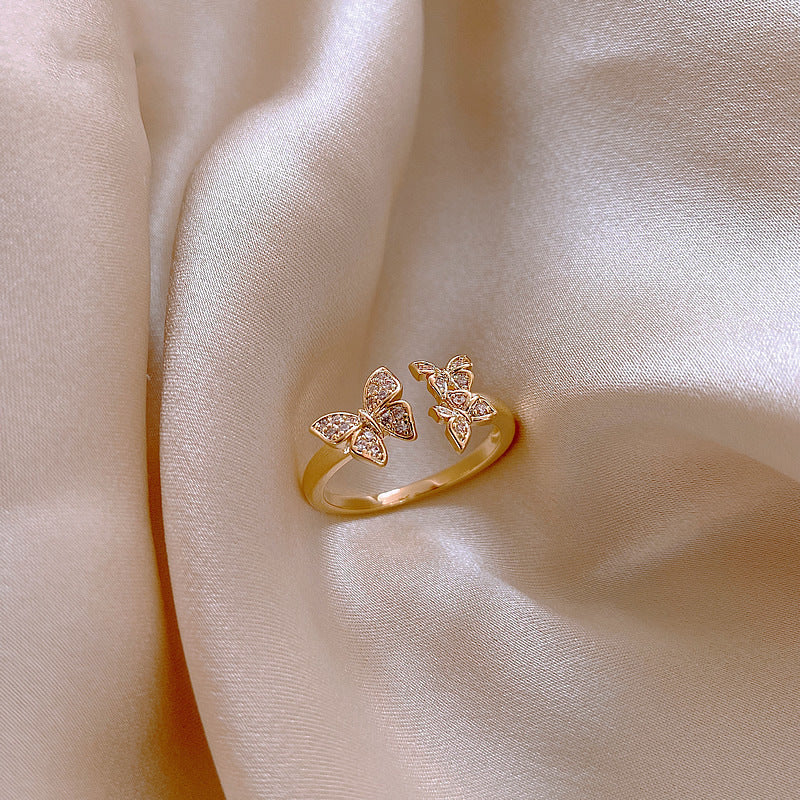 Real Gold Plated Butterfly Ring With Zircon Inlay In Alloy Open Adjustable Band For Women Gift Korean Style Jewelry