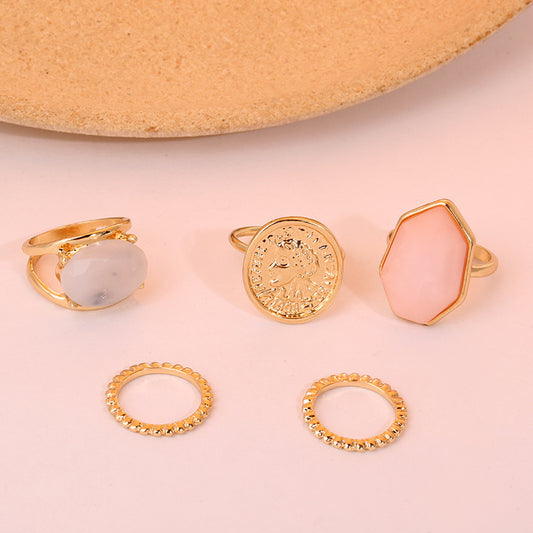 Geometric Ring Set For Women With Diamond Accent Small Round Design Alloy Fashion Jewelry Gold Tones And Shine