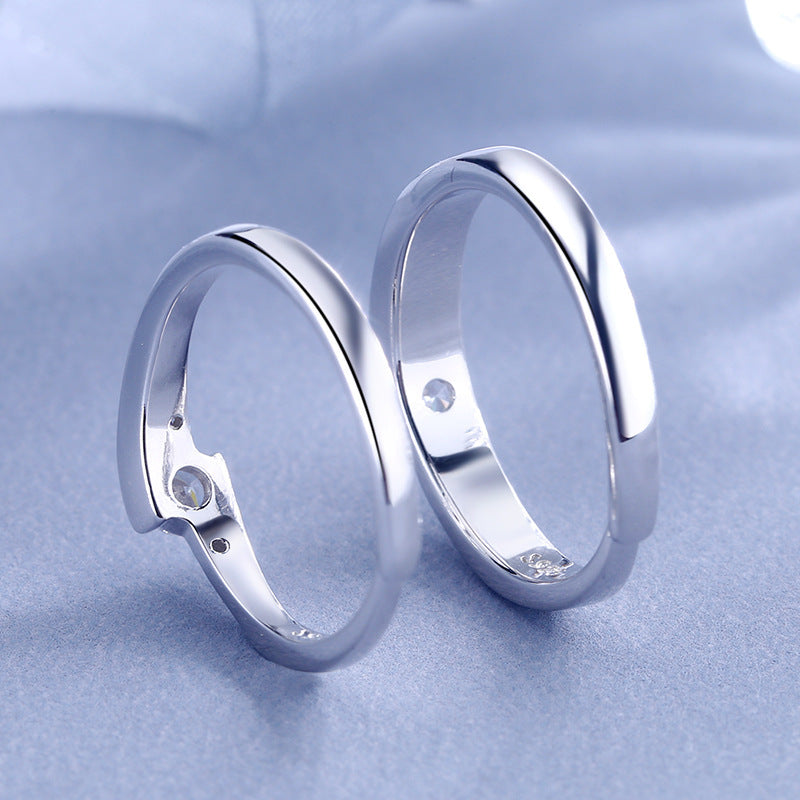 Sterling Silver Couple Ring With Zircon Diamonds Adjustable Geometric Matching Rings For Women And Men Jewelry