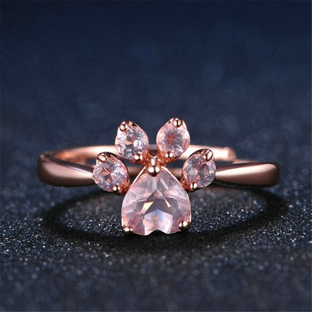 Gold Cat Paw Ring Adjustable Zircon Inlay Copper Jewelry
