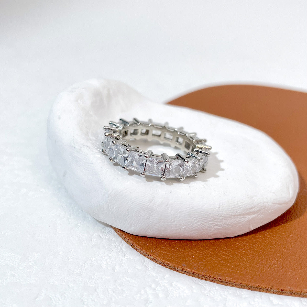 Geometric Copper Ring With Micro Diamond Silver Tone