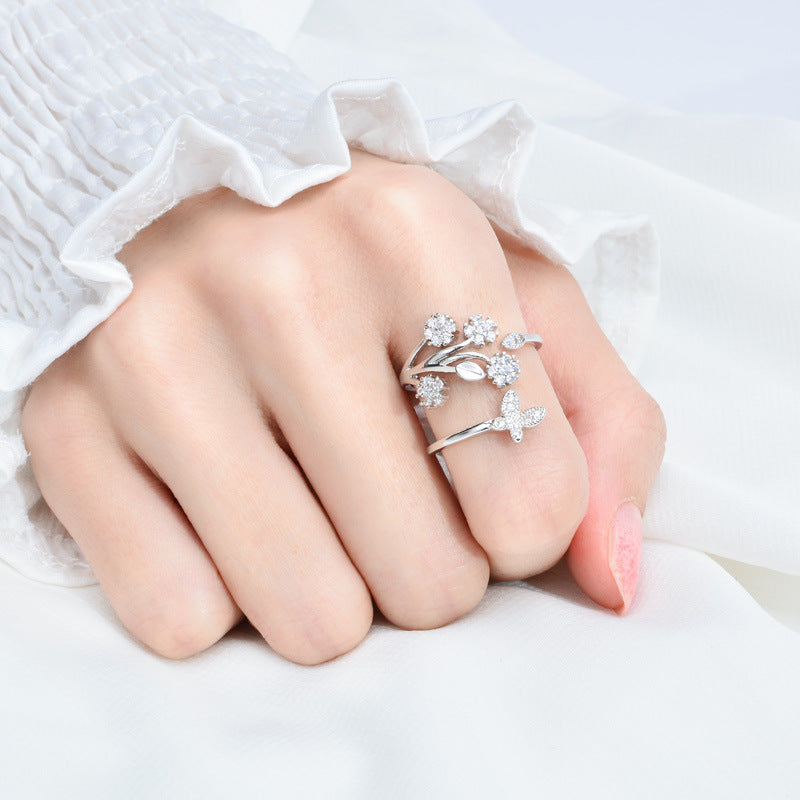 Flower Butterfly Adjustable Ring Gold Plated Copper Gemstone Inlaid Jewelry For Women Gift Elegant Daily Wear Gift