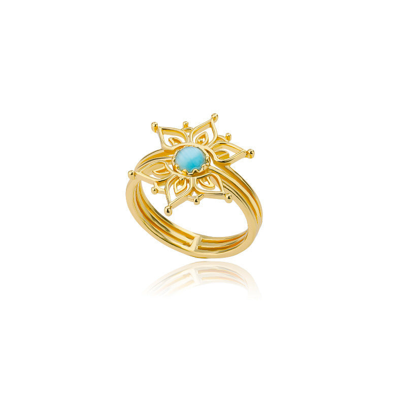 Copper Ring With Lotus Design Natural Opal Inlay And Cats Eye Stone Accent Retro Gold Tone Jewelry Elegant Era