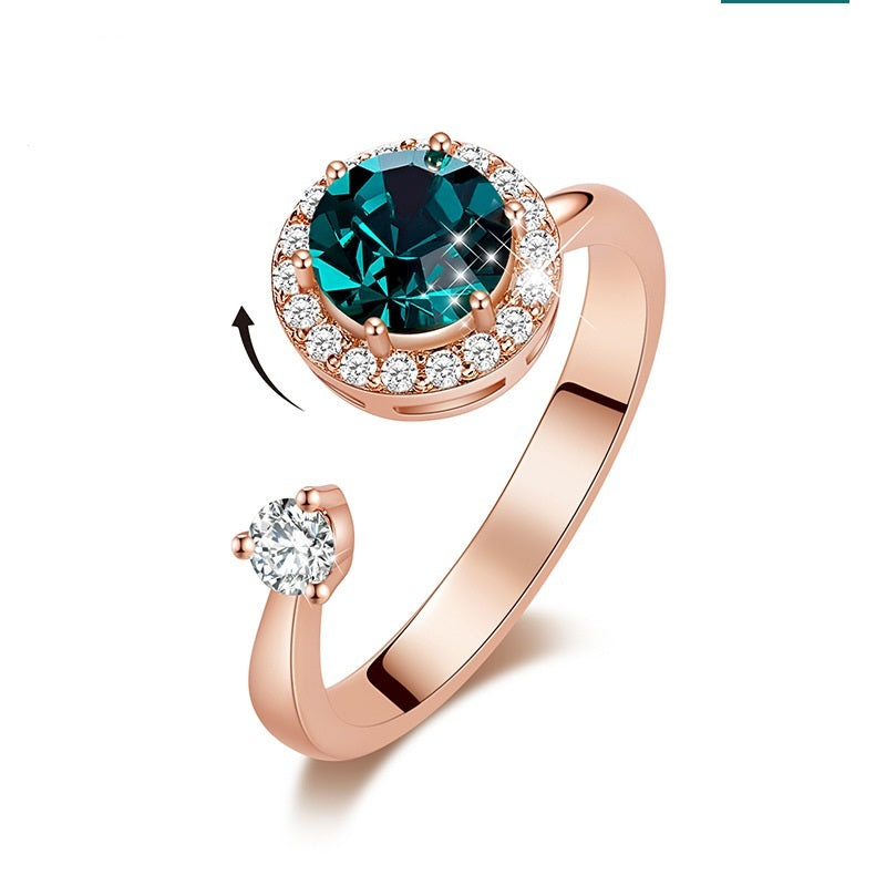 Ladies Rotating Crystal Inlay Ring With Copper Band Adjustable European American Style Jewelry Elegant Shimmer