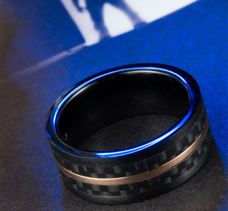 Unisex Ring Black Rose and Carbon Fiber Inlay Stainless Steel Band Travel Souvenir Ring Europe and America Ring Two-Color Black Rose Ring