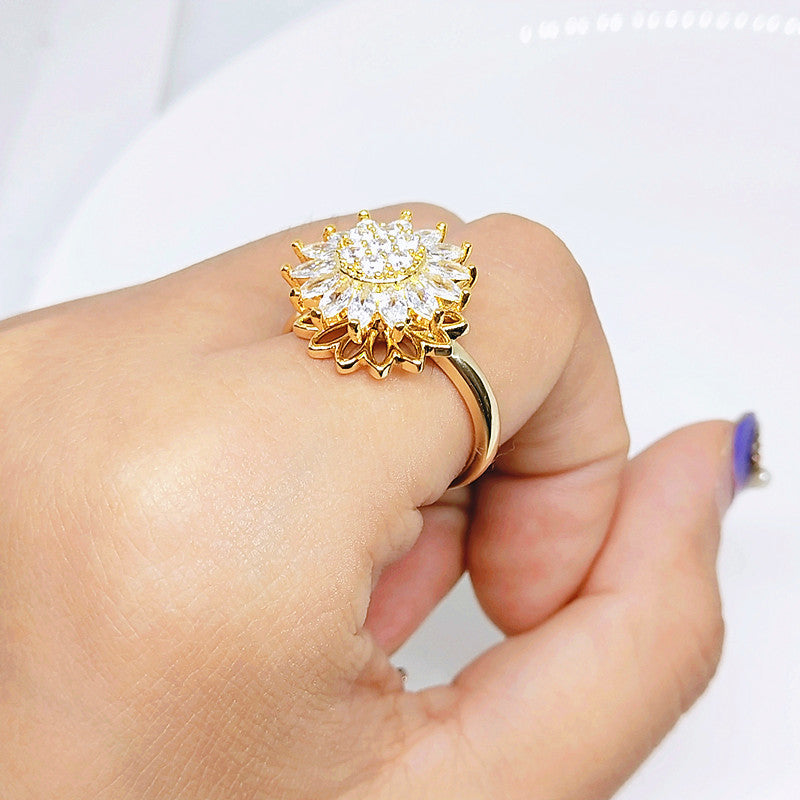 Rotating Sunflower Ring With Full Diamond Adjustable Opening Gold Rose Gold White Gold Women Jewelry Korean Style