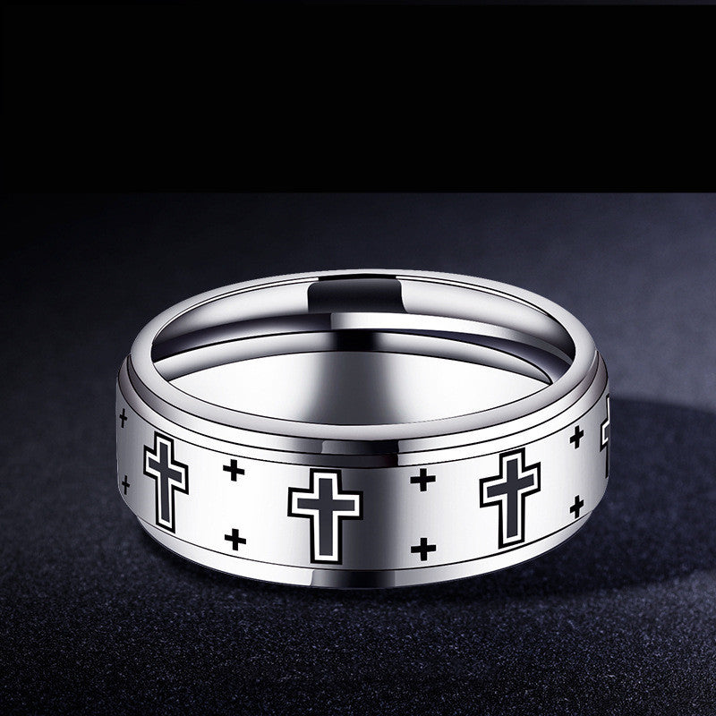 Mens Tungsten Ring Polished Silver Tone Cross Design Korean Fashion Band Individually Packed For Everyday Wear