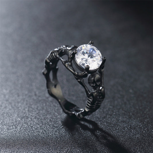 Men's Titanium Steel Ring with Skull Gem Retro Design European American Style Statement Ring for Him Fashion Jewelry