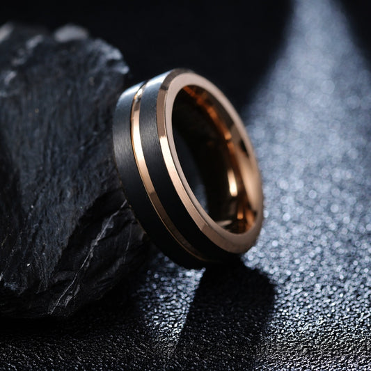 Mens Tungsten Ring Rose Gold Black Polished Band For Wedding Engagement Gift Everyday Wear Classic Style Ready