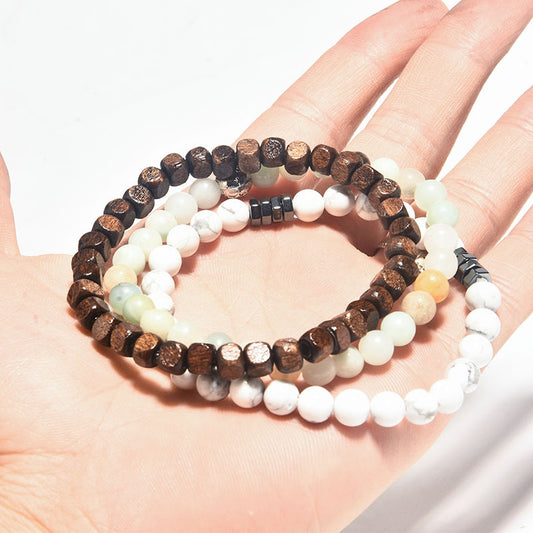 Unisex Volcanic Rock Bracelet With Wooden Beads And Hematite Beaded Accents Polished Geometric Glass Ethnic Bracelet