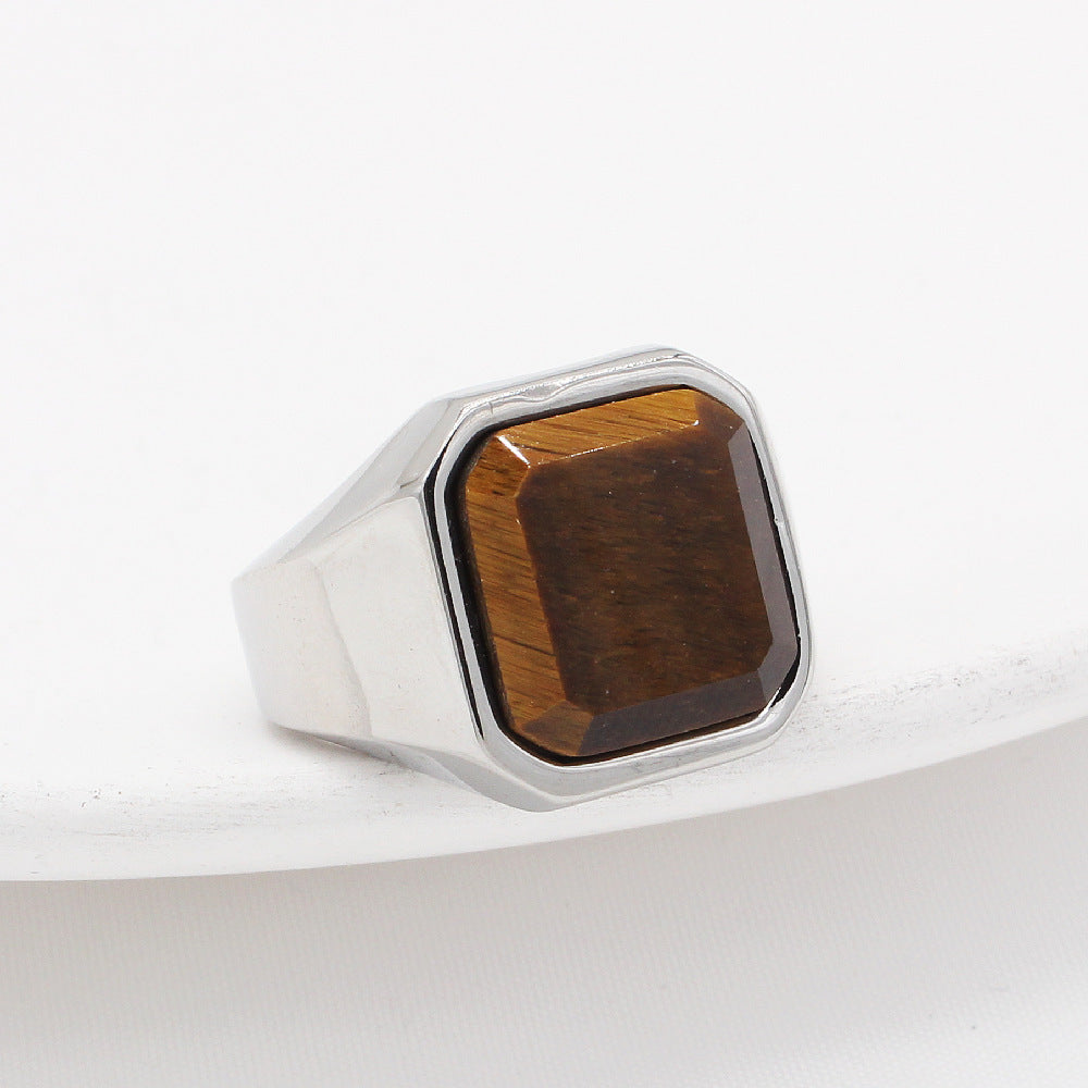 Durable Titanium Steel Ring With Square Tiger Eye Gemstones For Fashion Accessory And Daily Wear Mens Everyday