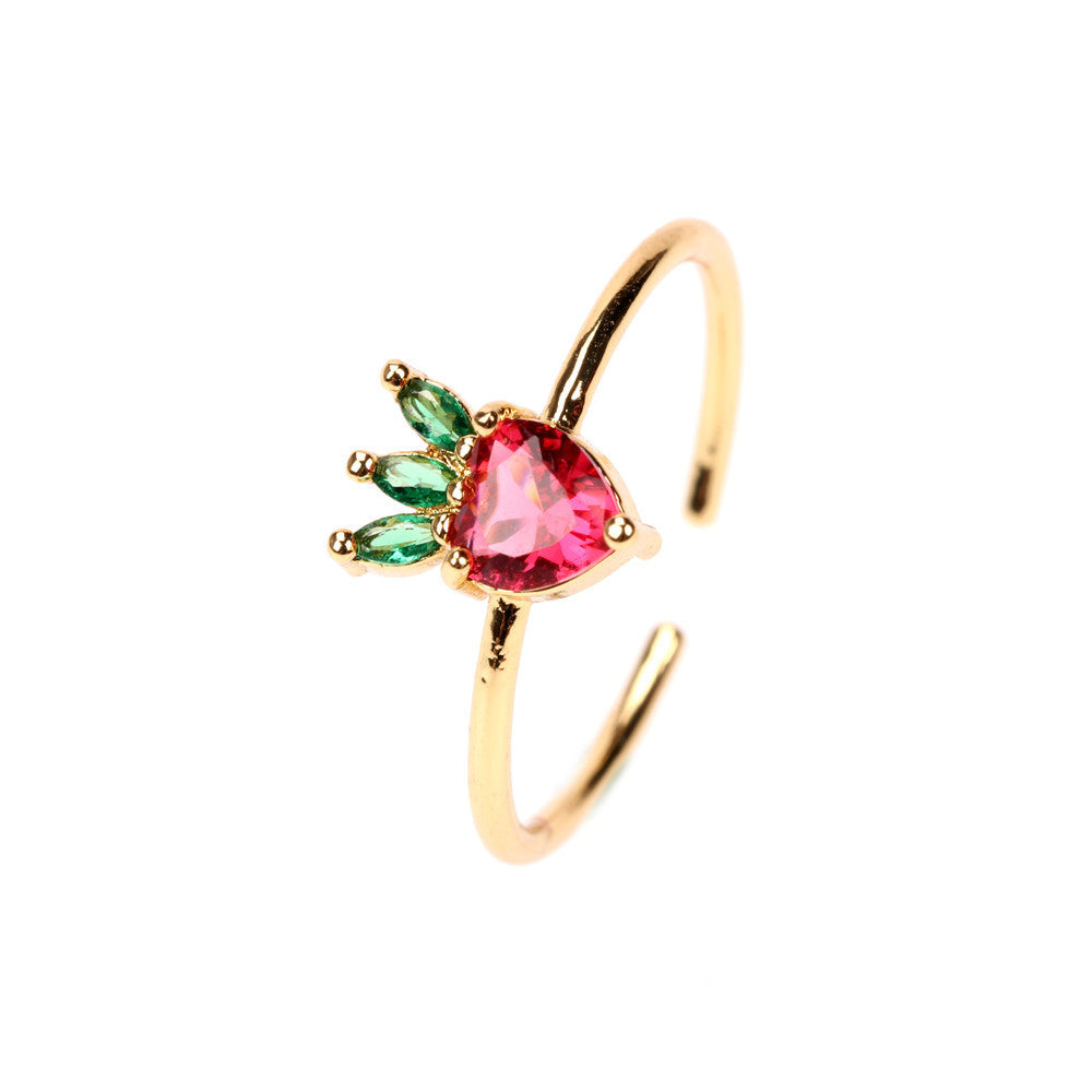 Fruit Zircon Copper Ring for Women Cute Design with Apple Watermelon Cherry Strawberry Grape Pineapple Peach Pine