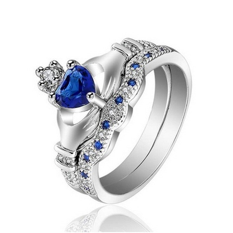 Womens Blue Zircon Heart Ring Set Platinum Plated Copper Alloy Jewelry For Engagement And Anniversary For Hers
